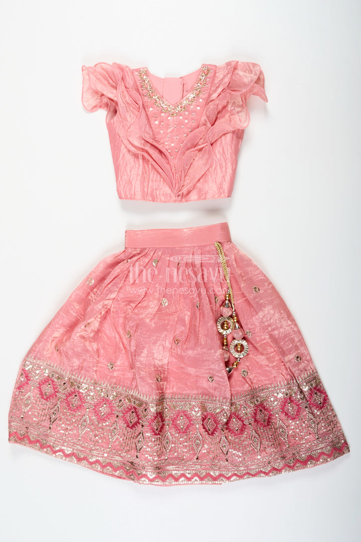 The Nesavu Girls Lehenga Choli Girls Designer Dress for Girl in Coral Pink Organza with Sequin Embroidered Lehenga and Ruffle Blouse Nesavu Designer Dress for Girl in Coral Organza with Sequin Embroidered Lehenga and Ruffle Choli | The Nesavu