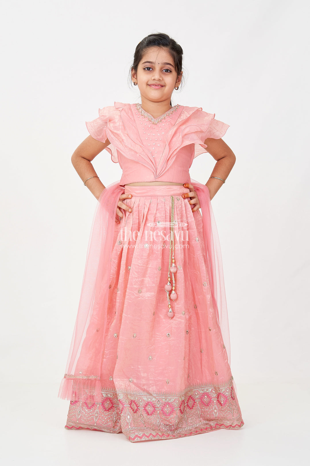 The Nesavu Girls Lehenga Choli Girls Designer Dress for Girl in Coral Pink Organza with Sequin Embroidered Lehenga and Ruffle Blouse Nesavu Designer Dress for Girl in Coral Organza with Sequin Embroidered Lehenga and Ruffle Choli | The Nesavu