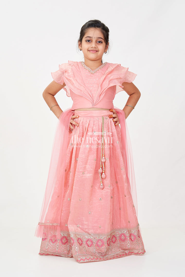 The Nesavu Girls Lehenga Choli Girls Designer Dress for Girl in Coral Pink Organza with Sequin Embroidered Lehenga and Ruffle Blouse Nesavu Designer Dress for Girl in Coral Organza with Sequin Embroidered Lehenga and Ruffle Choli | The Nesavu
