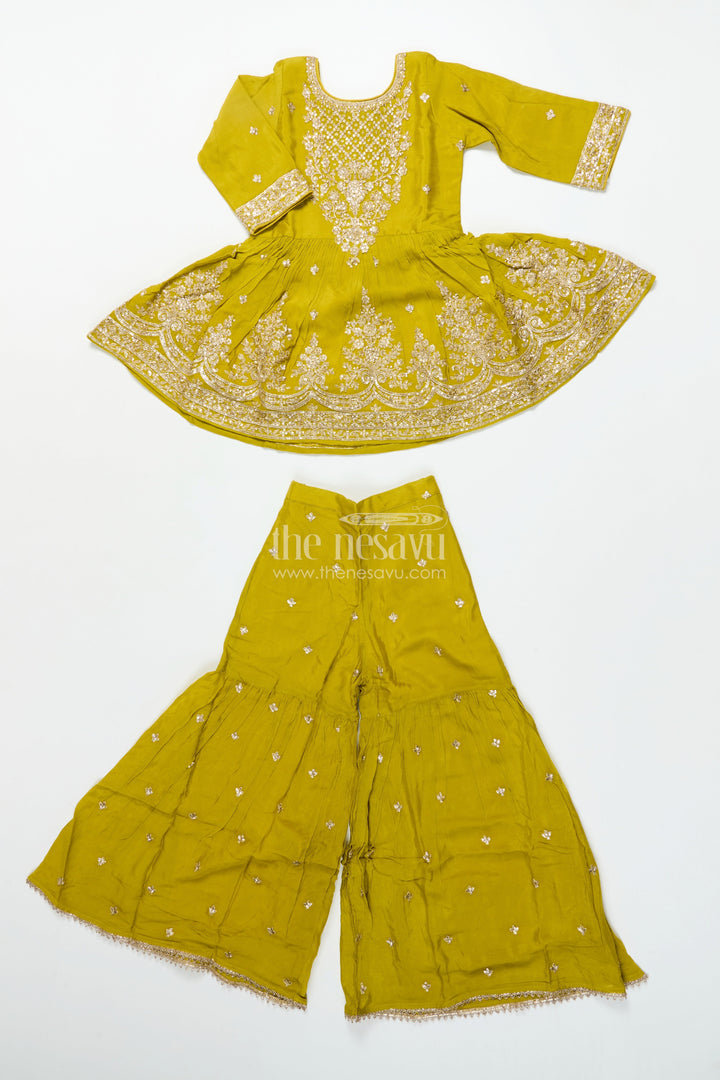 The Nesavu Girls Sharara / Plazo Set Girls Designer Embroidered Georgette Kurta with Pleated Plazo Pants Nesavu 24 (5Y) / Green GPS777A-24 Nesavu girls designer plazo set embroidered georgette kurta  festive outfit