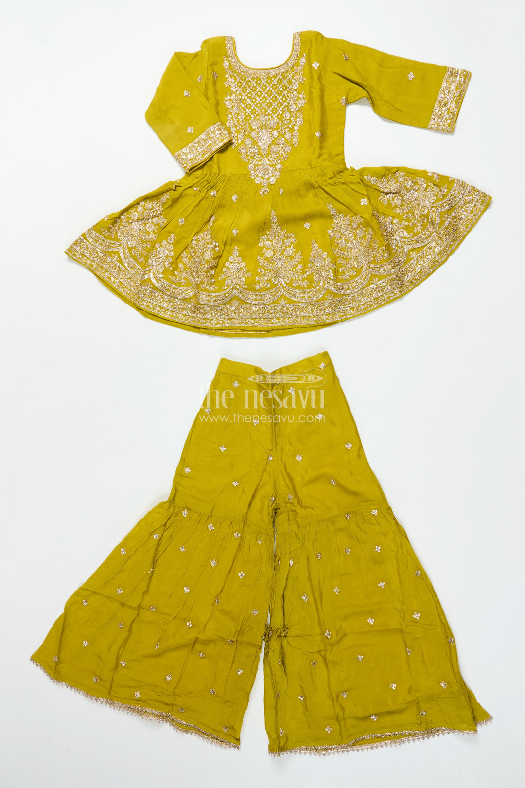 The Nesavu Girls Sharara / Plazo Set Girls Designer Embroidered Georgette Kurta with Pleated Plazo Pants Nesavu Nesavu girls designer plazo set embroidered georgette kurta  festive outfit