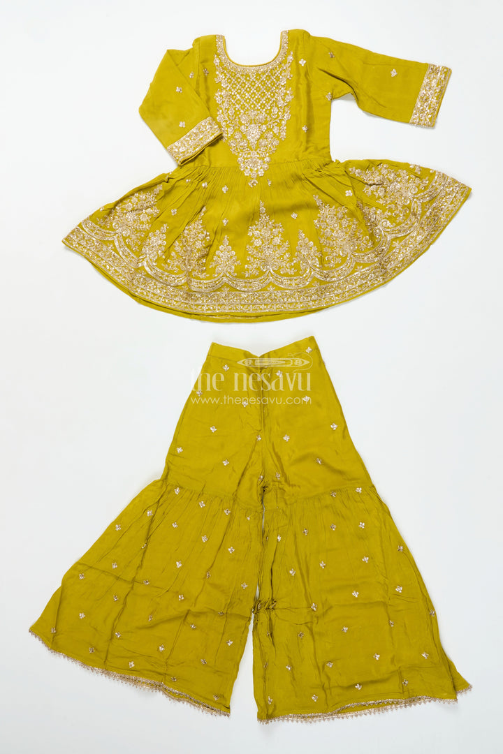 The Nesavu Girls Sharara / Plazo Set Girls Designer Embroidered Georgette Kurta with Pleated Plazo Pants Nesavu Nesavu girls designer plazo set embroidered georgette kurta  festive outfit