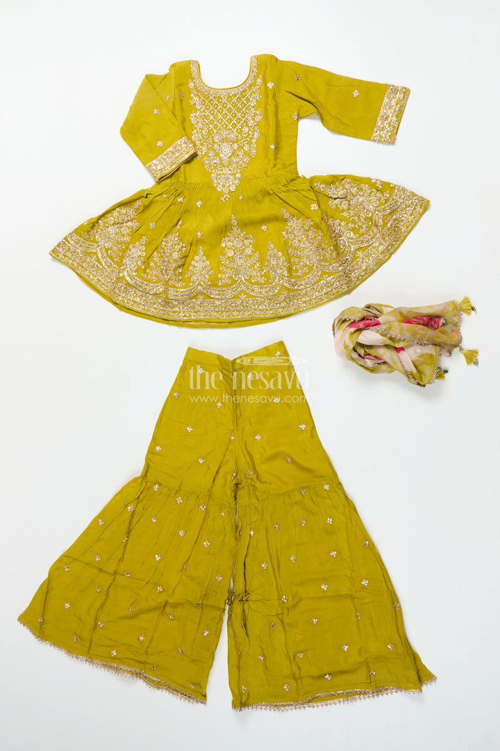 The Nesavu Girls Sharara / Plazo Set Girls Designer Embroidered Georgette Kurta with Pleated Plazo Pants Nesavu Nesavu girls designer plazo set embroidered georgette kurta  festive outfit