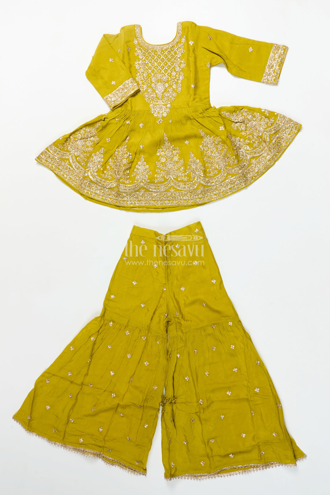 The Nesavu Girls Sharara / Plazo Set Girls Designer Embroidered Georgette Kurta with Pleated Plazo Pants Nesavu Nesavu girls designer plazo set embroidered georgette kurta  festive outfit