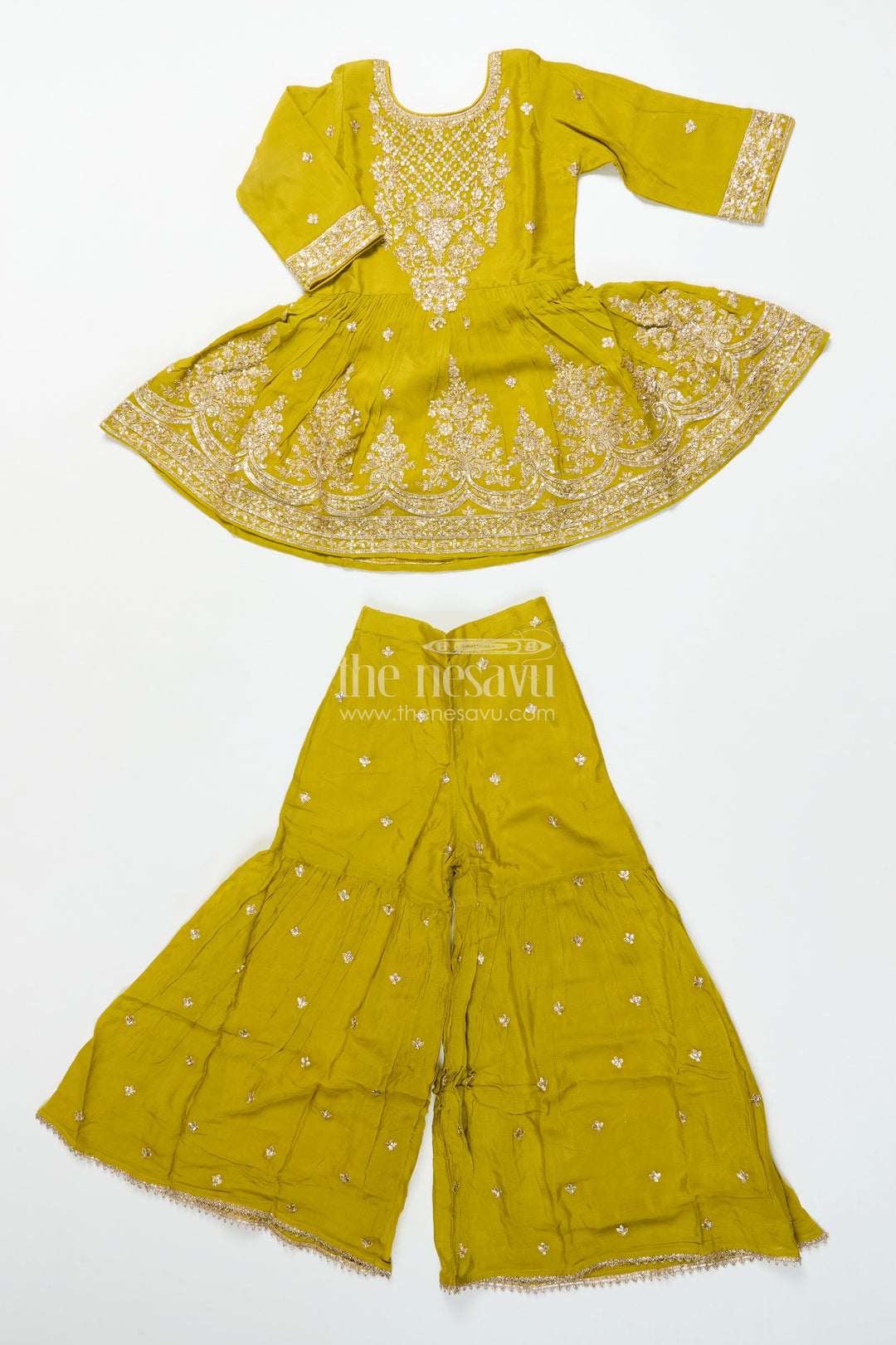 The Nesavu Girls Sharara / Plazo Set Girls Designer Embroidered Georgette Kurta with Pleated Plazo Pants Nesavu Nesavu girls designer plazo set embroidered georgette kurta  festive outfit