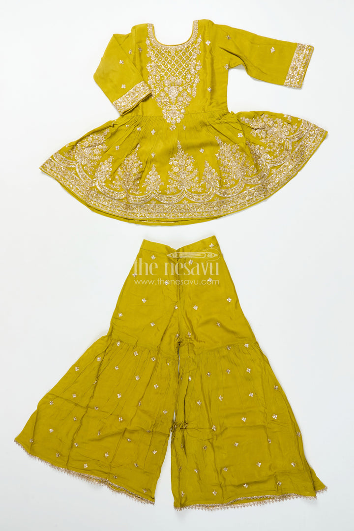 The Nesavu Girls Sharara / Plazo Set Girls Designer Embroidered Georgette Kurta with Pleated Plazo Pants Nesavu Nesavu girls designer plazo set embroidered georgette kurta  festive outfit