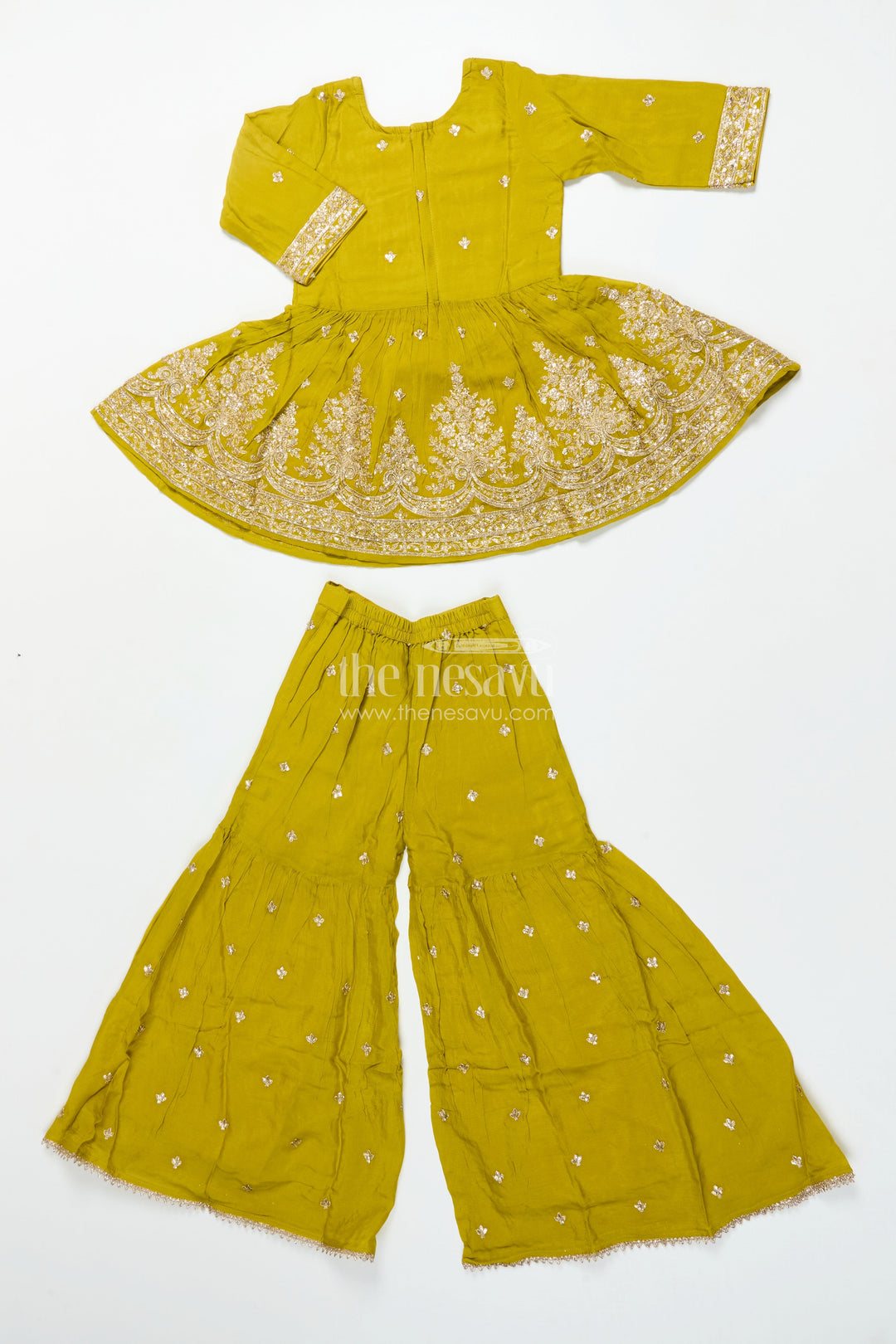 The Nesavu Girls Sharara / Plazo Set Girls Designer Embroidered Georgette Kurta with Pleated Plazo Pants Nesavu Nesavu girls designer plazo set embroidered georgette kurta  festive outfit