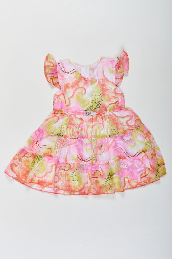 The Nesavu Girls Cotton Frock Girls Designer Frock Cotton with Multicolor Digital Print and Flutter Sleeves in Georgette Fabric Nesavu 14 (6M) / Pink BFJ765A-14 Nesavu Girls Designer Cotton Frock Multicolor Digital Print Ruffled Sleeves Georgette