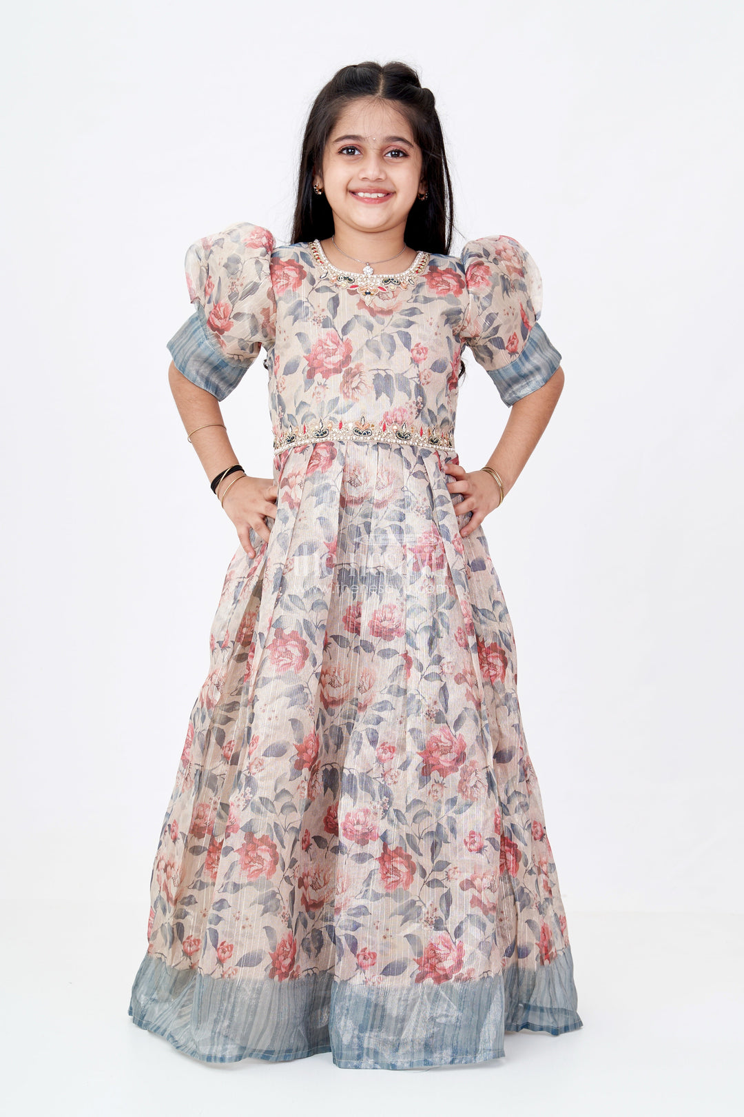 The Nesavu Girls Party Gown Girls Designer Gown Dress with Floral Digital Print and Embellished Neckline for Party Wear Nesavu 22 (4Y) / Gray GA298A-22 Nesavu Girls Designer Gown Dress Gold Tissue Fabric Floral Digital Print Party Wear