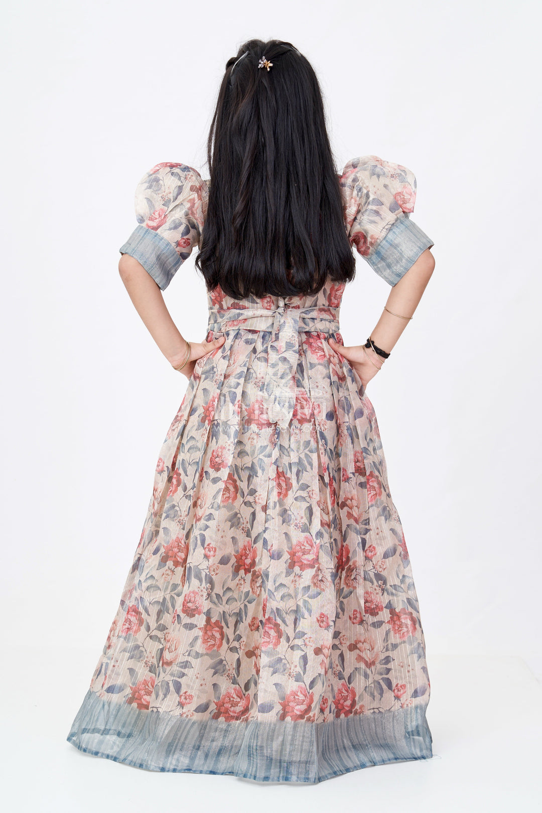 The Nesavu Girls Party Gown Girls Designer Gown Dress with Floral Digital Print and Embellished Neckline for Party Wear Nesavu Girls Designer Gown Dress Gold Tissue Fabric Floral Digital Print Party Wear | The Nesavu