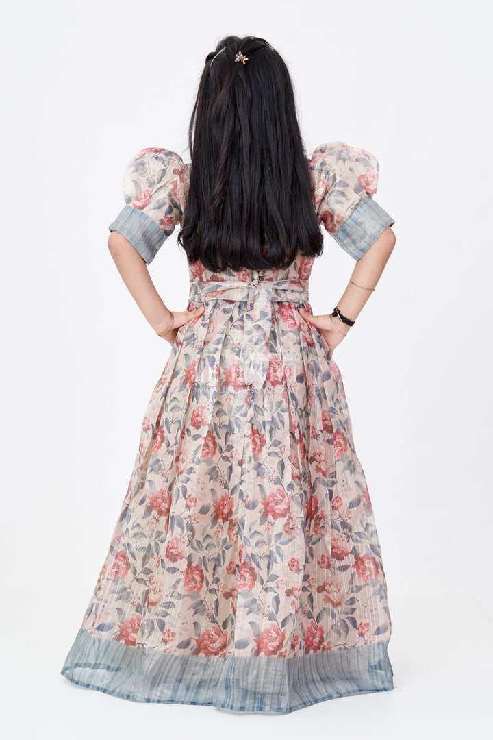 The Nesavu Girls Party Gown Girls Designer Gown Dress with Floral Digital Print and Embellished Neckline for Party Wear Nesavu Nesavu Girls Designer Gown Dress Gold Tissue Fabric Floral Digital Print Party Wear