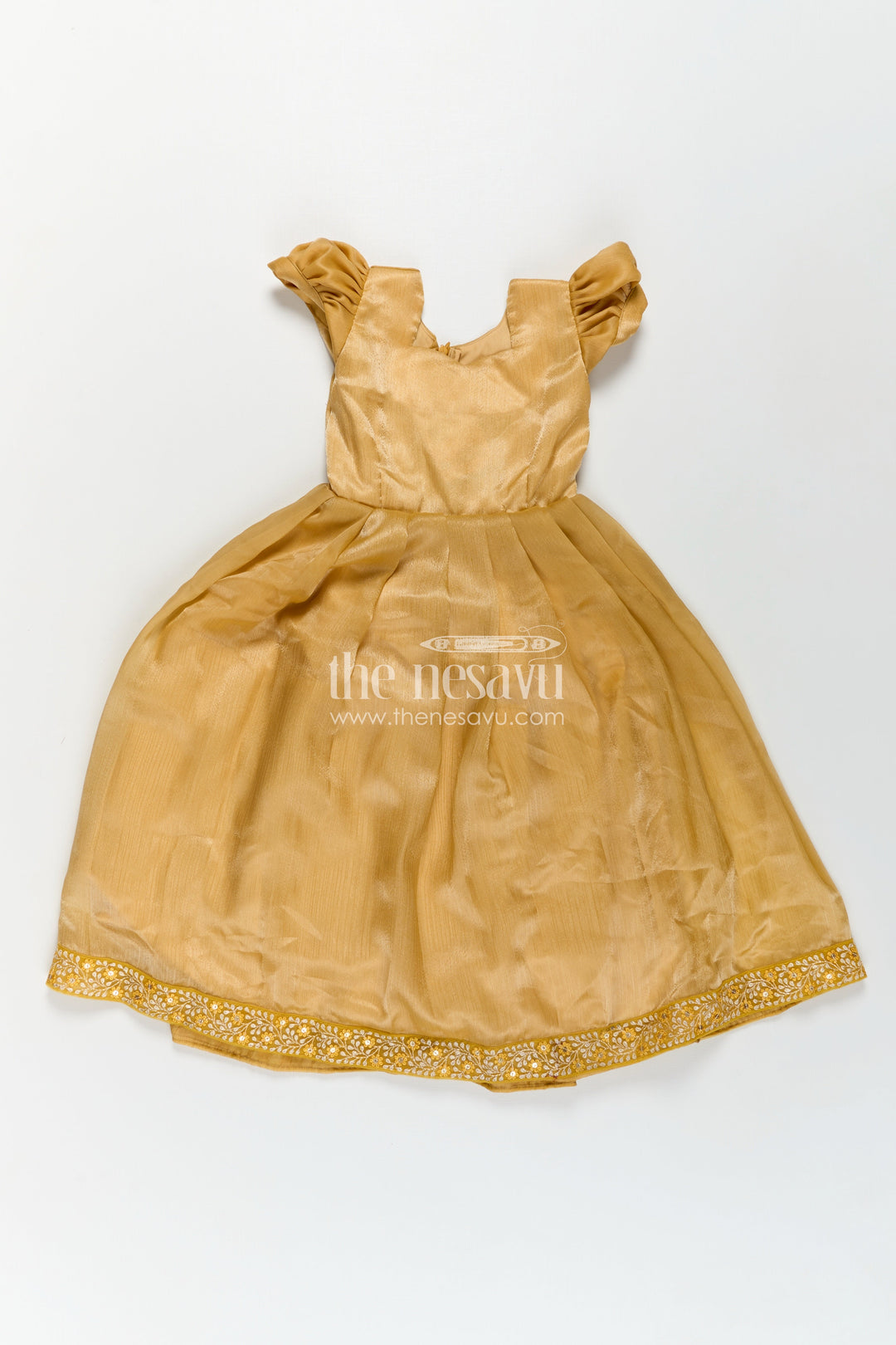 The Nesavu Girls Party Gown Girls Designer Gown for Party in Golden Organza with Thread Embroidery Lace and Delicate Dupatta Nesavu Girls Designer Golden Gown for Party in Organza with Embroidered Lace and Flowing Dupatta | The Nesavu