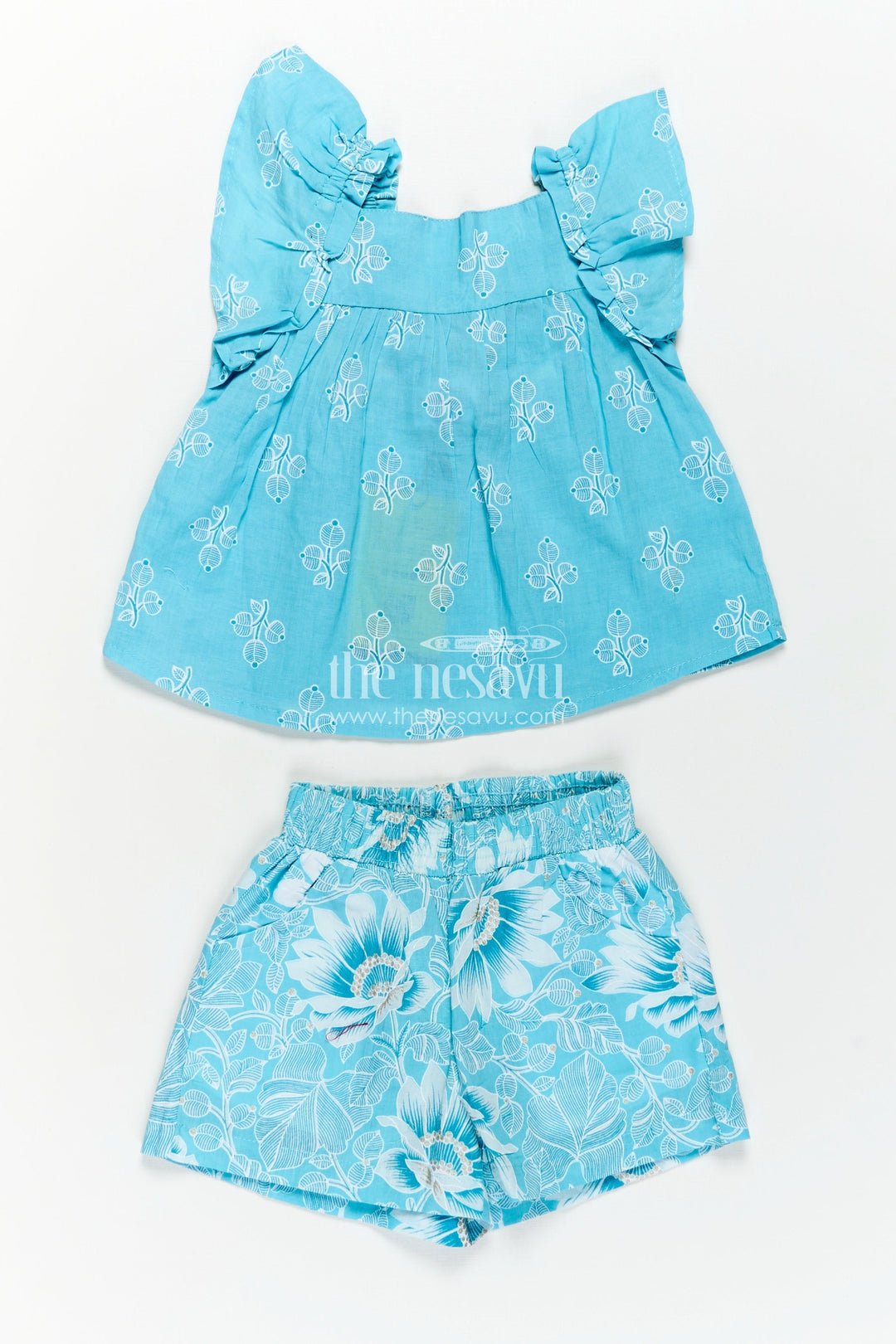 The Nesavu Baby Casual Sets Girls Designer Infant Clothes in Blue Cotton with Paisley Digital Print Sleeveless Top and Shorts Set Nesavu Girls Designer Infant Clothes Blue Cotton Paisley Print Sleeveless Top Shorts | The Nesavu