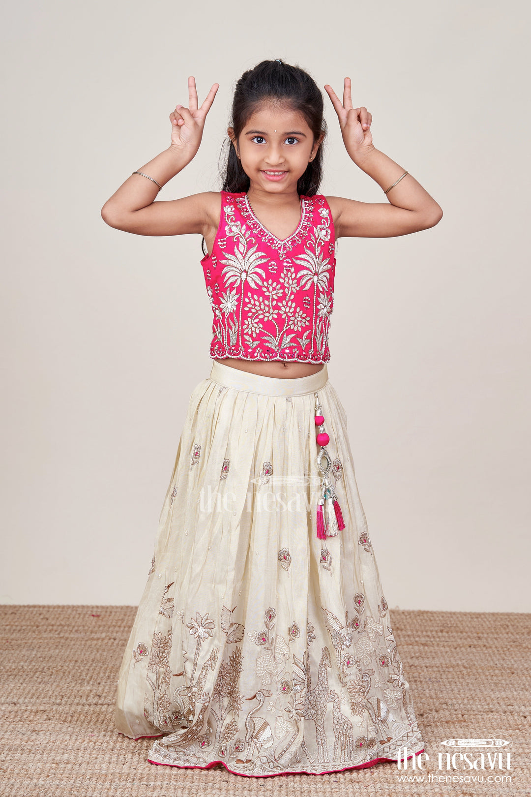 The Nesavu Girls Lehenga Choli Girls Designer Lehenga Choli for Weddings and Festive Occasions Nesavu 18 (2Y) / Pink GL674B-18 Nesavu girls lehenga choli tissue silk designer embroidery weddings festivals