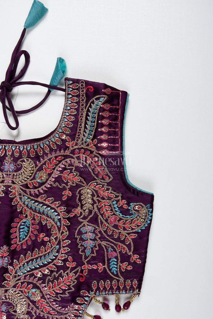 The Nesavu Girls Lehenga Choli Girls Designer Lehenga Choli with Heavy Embroidered Blouse and Draped Skirt Nesavu Nesavu Green Draped Lehenga Choli Velvet Embroidered Blouse Girls