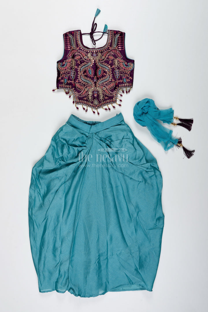 The Nesavu Girls Lehenga Choli Girls Designer Lehenga Choli with Heavy Embroidered Blouse and Draped Skirt Nesavu Nesavu Green Draped Lehenga Choli Velvet Embroidered Blouse Girls