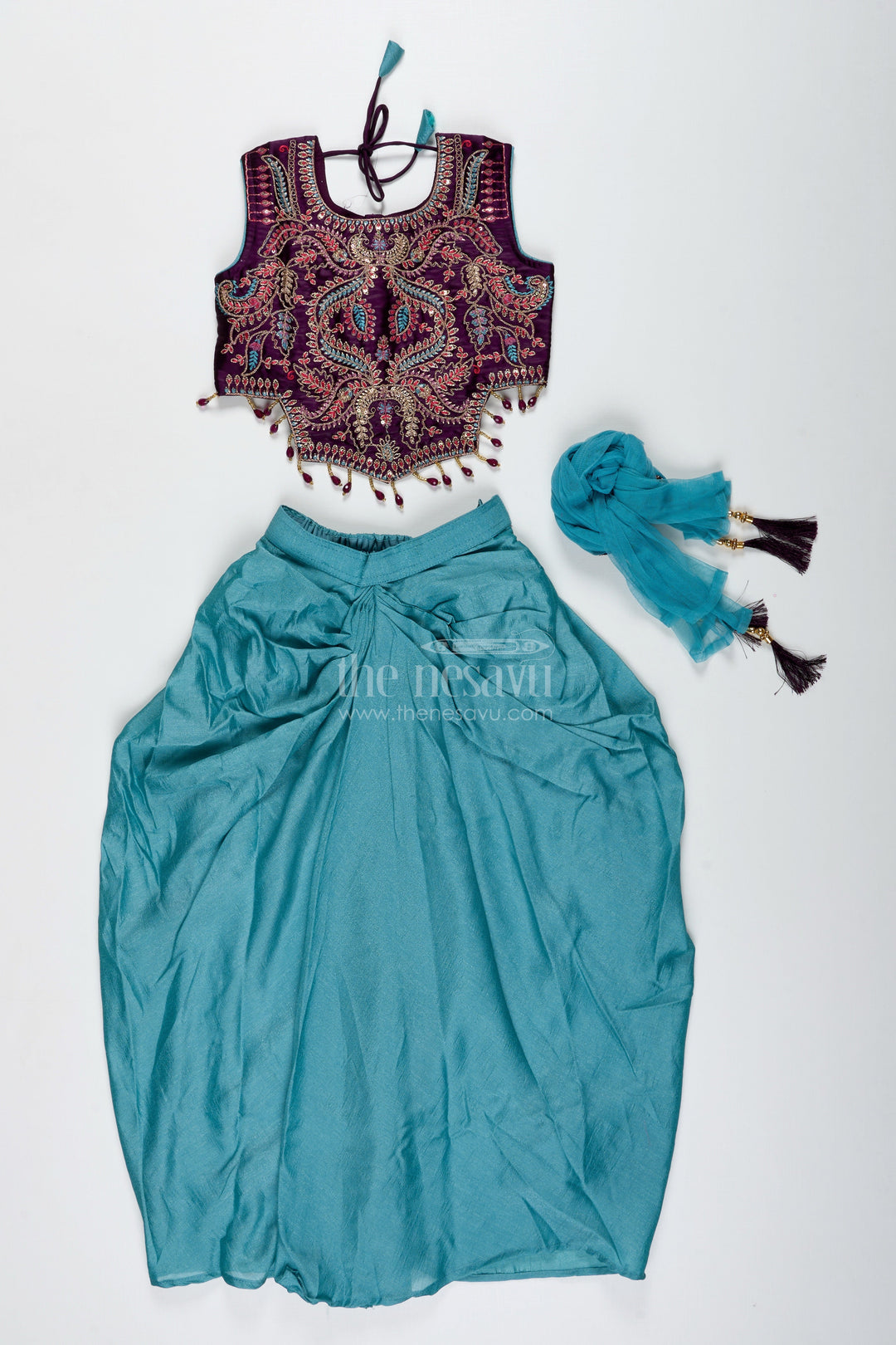 The Nesavu Girls Lehenga Choli Girls Designer Lehenga Choli with Heavy Embroidered Blouse and Draped Skirt Nesavu Nesavu Green Draped Lehenga Choli Velvet Embroidered Blouse Girls