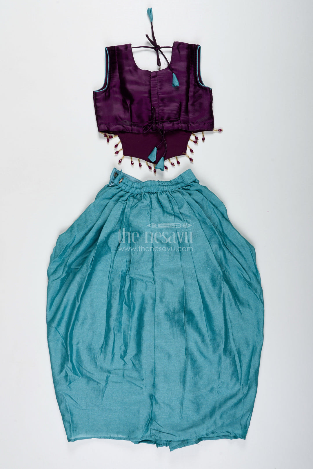 The Nesavu Girls Lehenga Choli Girls Designer Lehenga Choli with Heavy Embroidered Blouse and Draped Skirt Nesavu Nesavu Green Draped Lehenga Choli Velvet Embroidered Blouse Girls