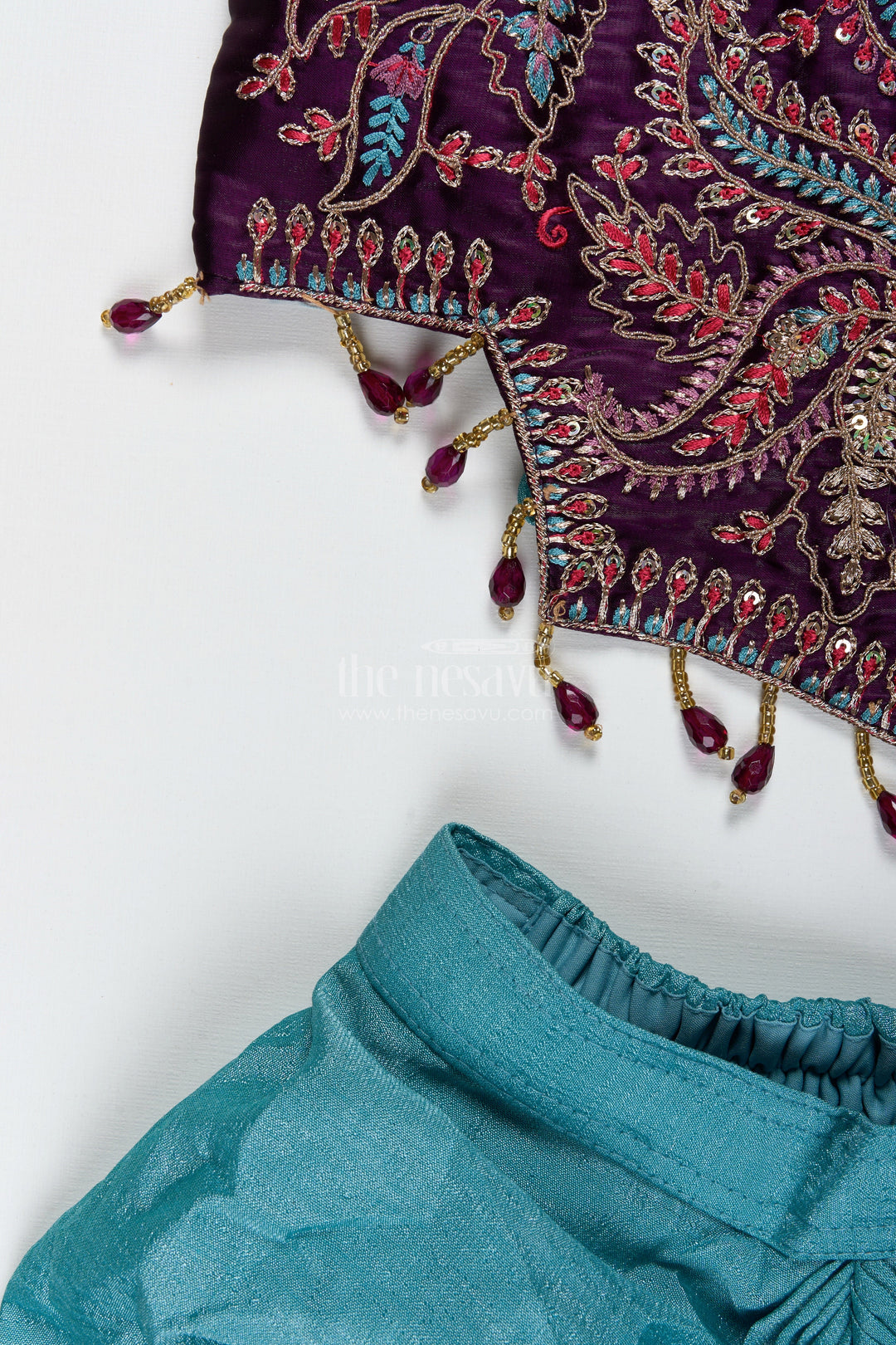 The Nesavu Girls Lehenga Choli Girls Designer Lehenga Choli with Heavy Embroidered Blouse and Draped Skirt Nesavu Nesavu Green Draped Lehenga Choli Velvet Embroidered Blouse Girls