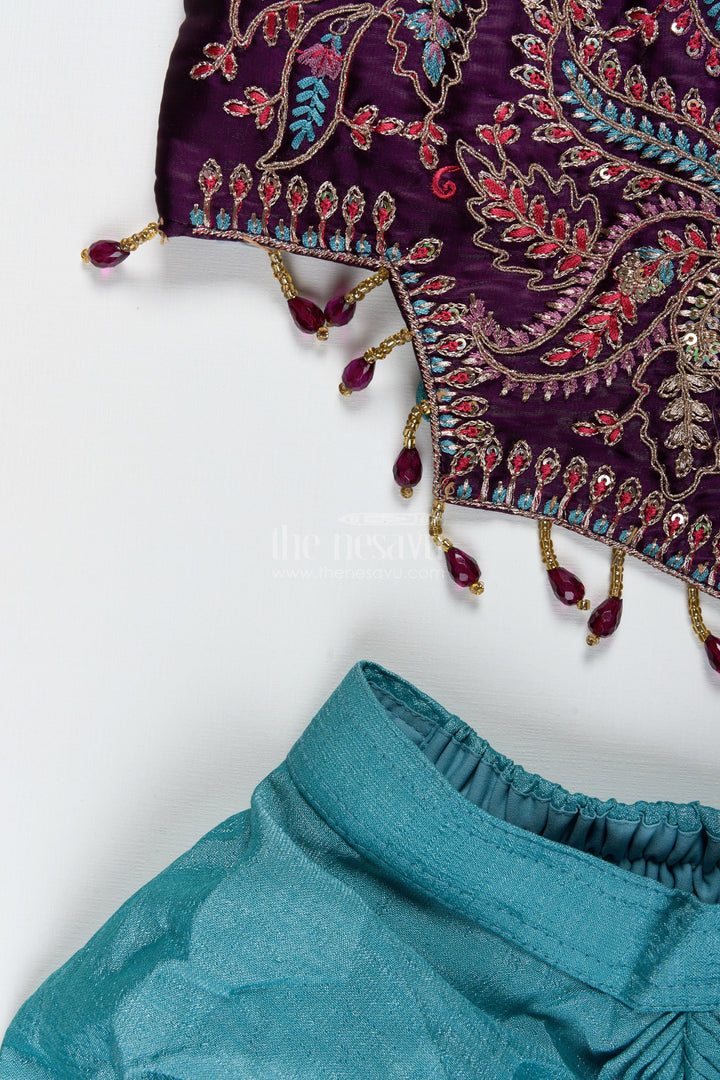 The Nesavu Girls Lehenga Choli Girls Designer Lehenga Choli with Heavy Embroidered Blouse and Draped Skirt Nesavu Nesavu Green Draped Lehenga Choli Velvet Embroidered Blouse Girls