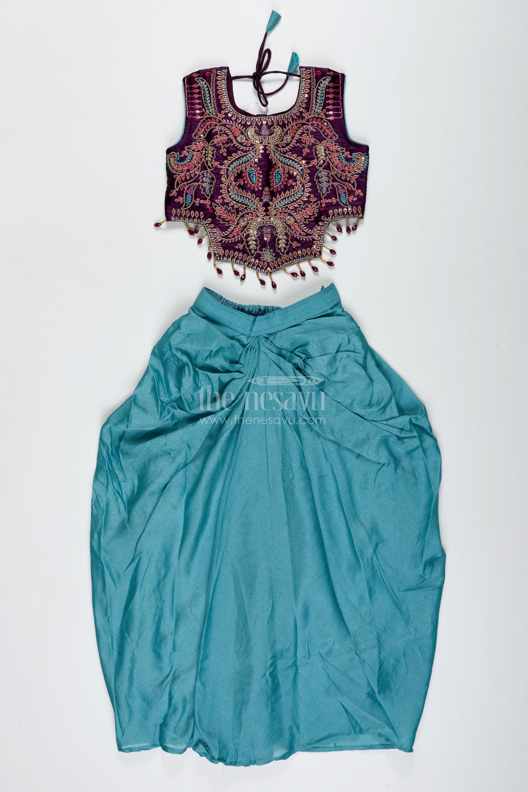 The Nesavu Girls Lehenga Choli Girls Designer Lehenga Choli with Heavy Embroidered Blouse and Draped Skirt Nesavu Nesavu Green Draped Lehenga Choli Velvet Embroidered Blouse Girls