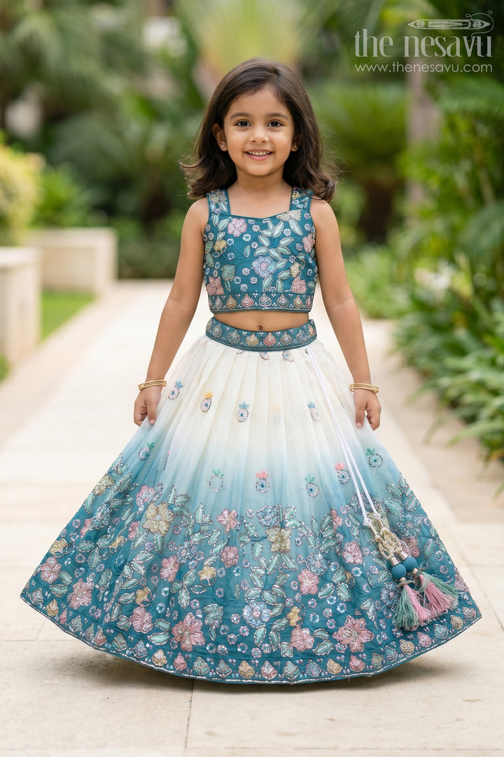 The Nesavu Girls Fancy Lehenga Girls Designer Lehenga for Weddings and Festive Celebrations Nesavu 16 (1Y) / Turquoise / Georgette GL883A-16 Nesavu girls designer lehenga for weddings and festive celebrations with embroidered georgette yoke