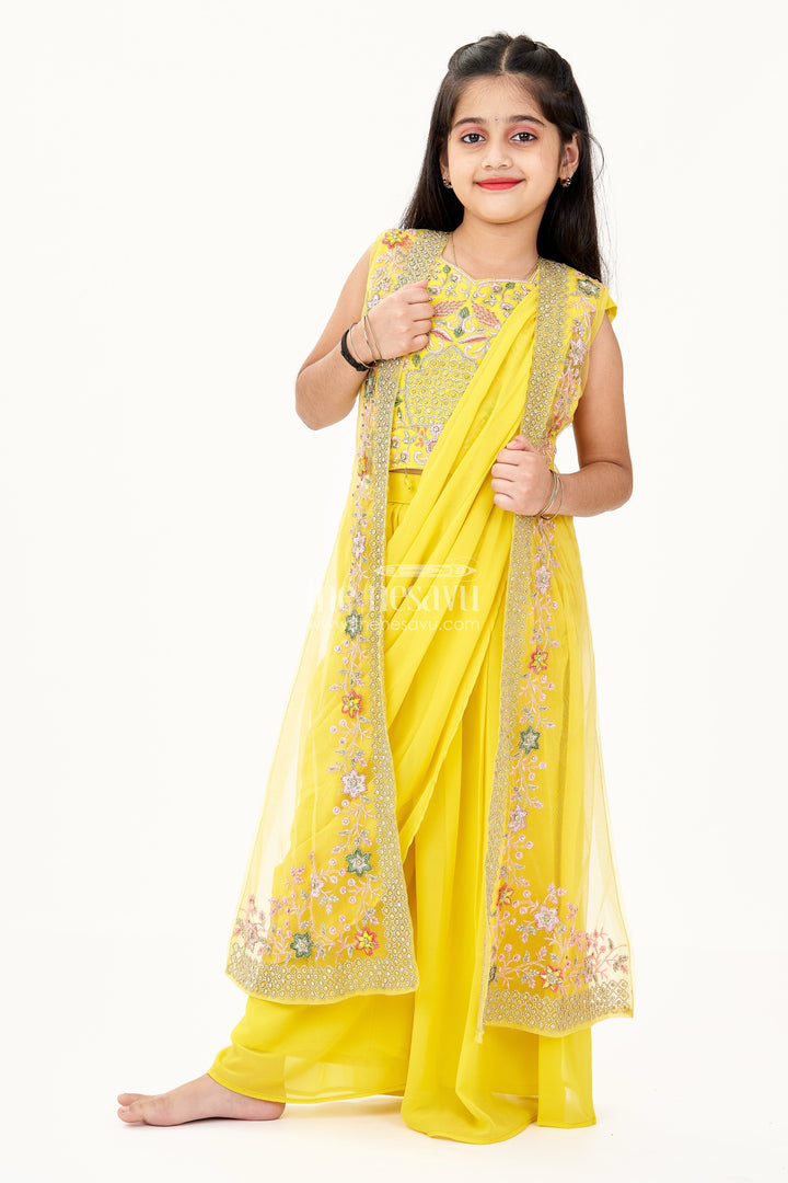 The Nesavu Girls Sharara / Plazo Set Girls Designer Palazzo Set in Yellow Georgette with Embroidered Crop Top and Dupatta Nesavu 24 (5Y) / Yellow GPS579A-24 Girls Designer Palazzo Set Yellow Georgette Embroidered Top Dupatta | The Nesavu