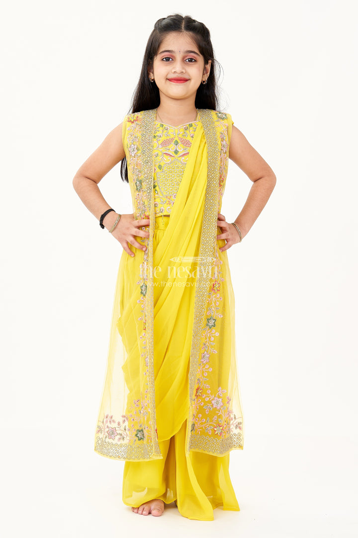 The Nesavu Girls Sharara / Plazo Set Girls Designer Palazzo Set in Yellow Georgette with Embroidered Crop Top and Dupatta Nesavu Girls Designer Palazzo Set Yellow Georgette Embroidered Top Dupatta | The Nesavu