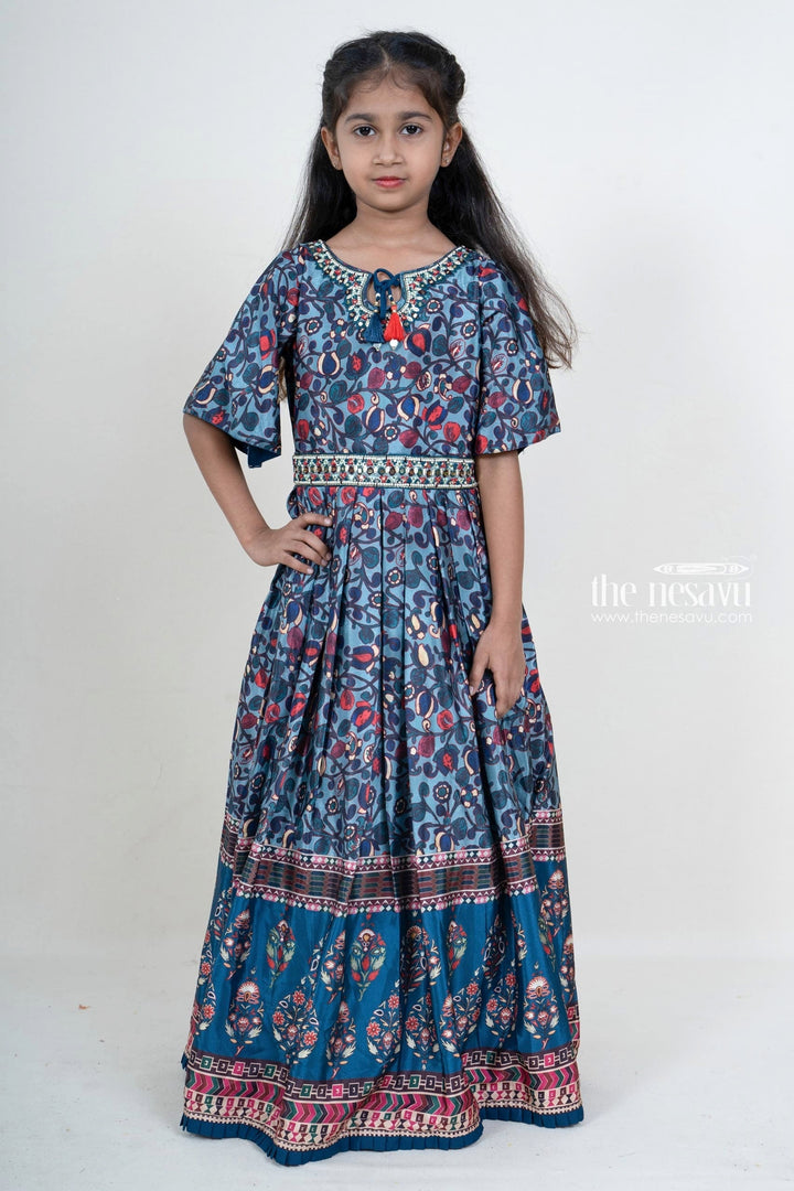 The Nesavu Party Gown Girls Designer Pleated Silk Cotton Blue Anarkali Kurta With Embroidery Hip Belt Nesavu 18 (2Y) / Blue / Mashru Silk GA117-18 Full Length Pleated Anarkali For Girls | Latest Embroidery Hip Belt Ideas | The Nesavu