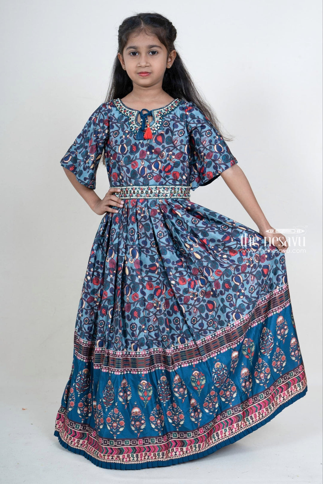 The Nesavu Party Gown Girls Designer Pleated Silk Cotton Blue Anarkali Kurta With Embroidery Hip Belt Nesavu Full Length Pleated Anarkali For Girls | Latest Embroidery Hip Belt Ideas | The Nesavu