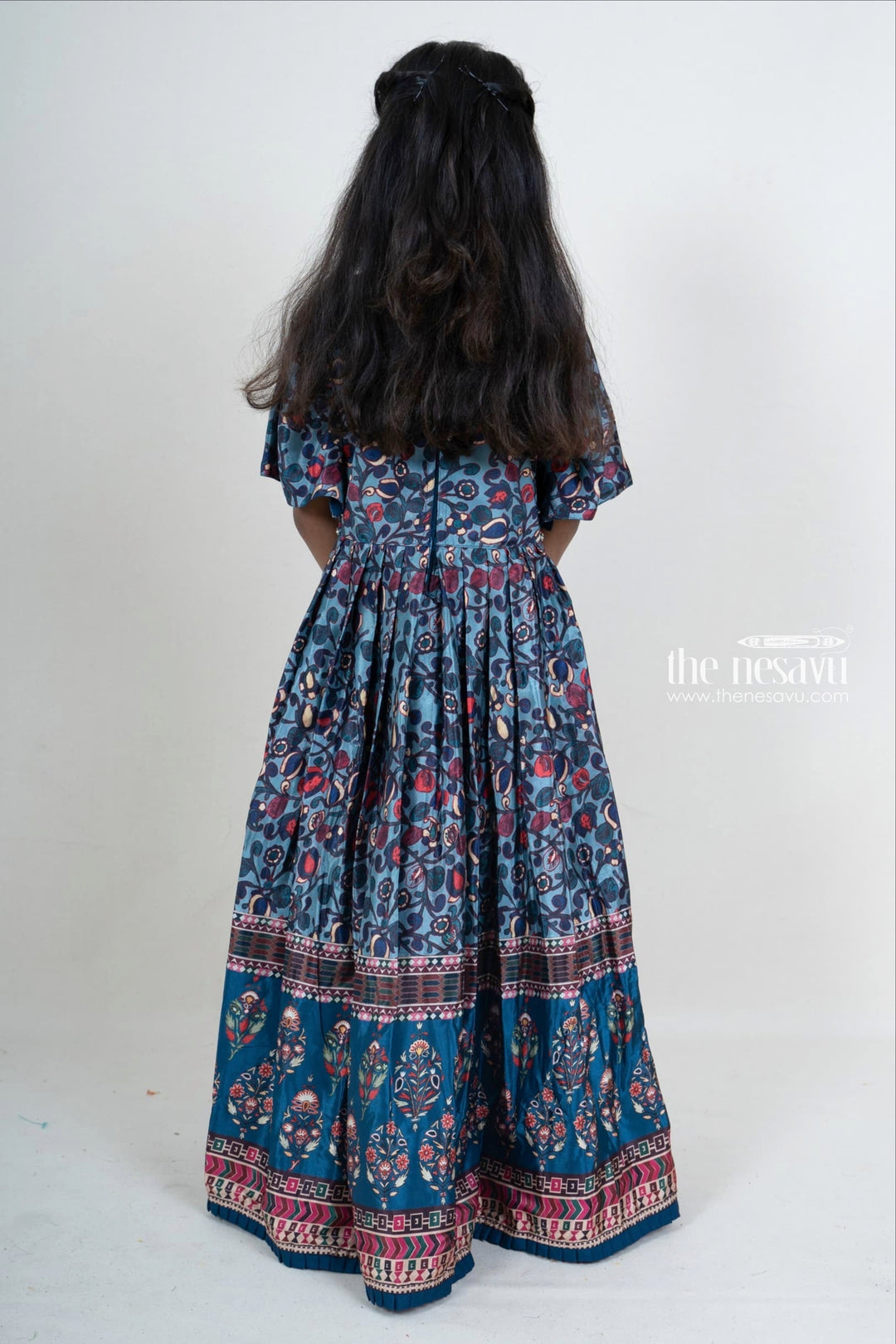 The Nesavu Party Gown Girls Designer Pleated Silk Cotton Blue Anarkali Kurta With Embroidery Hip Belt Nesavu Full Length Pleated Anarkali For Girls | Latest Embroidery Hip Belt Ideas | The Nesavu