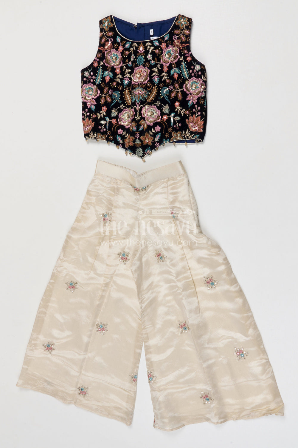 The Nesavu Girls Sharara / Plazo Set Girls Designer Sharara Set for Weddings and Festive Occasions Nesavu Nesavu girls viscose silk sharara set with velvet designer embroidery for weddings and celebrations