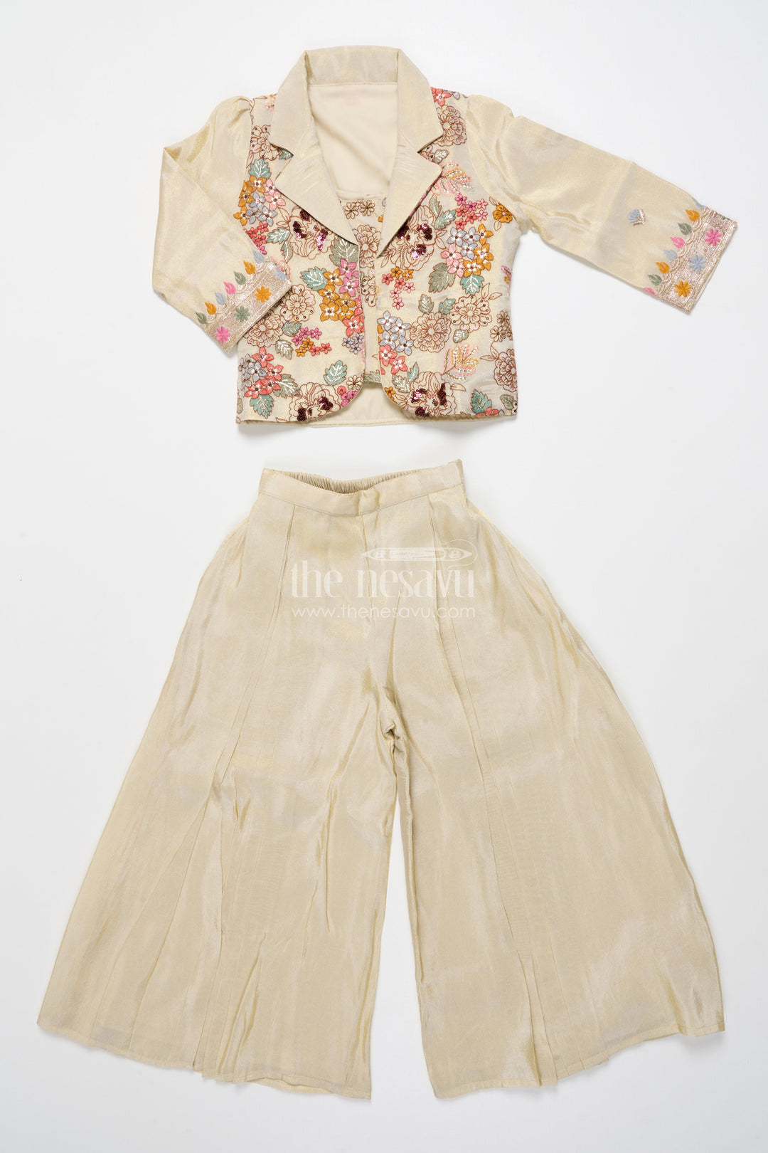 The Nesavu Girls Sharara / Plazo Set Girls Designer Sharara Set with Embroidered Jacket Elegant Layered Ethnic Wear Nesavu 24 (5Y) / Half white GPS892A-24 Nesavu girls sharara set embroidered jacket festive ethnic wear viscose tissue silk