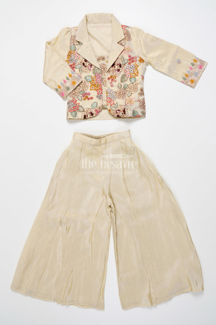 The Nesavu Girls Sharara / Plazo Set Girls Designer Sharara Set with Embroidered Jacket Elegant Layered Ethnic Wear Nesavu 24 (5Y) / Half white GPS892A-24 Nesavu girls sharara set embroidered jacket festive ethnic wear viscose tissue silk