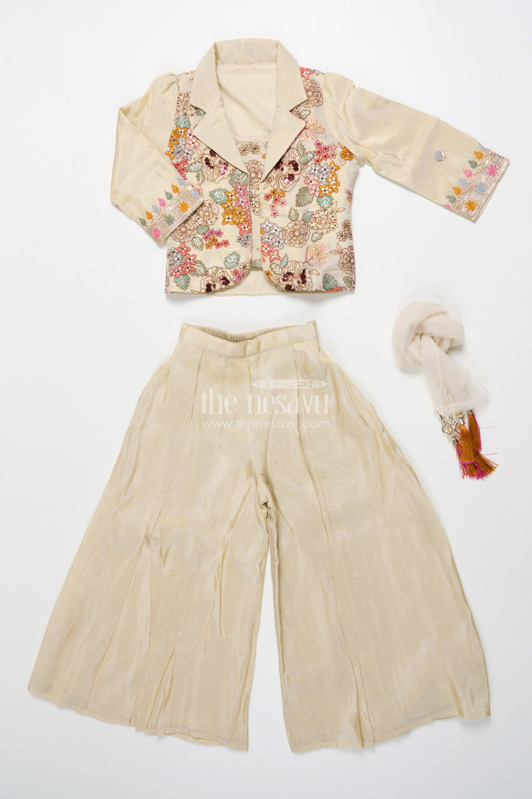 The Nesavu Girls Sharara / Plazo Set Girls Designer Sharara Set with Embroidered Jacket Elegant Layered Ethnic Wear Nesavu Nesavu girls sharara set embroidered jacket festive ethnic wear viscose tissue silk