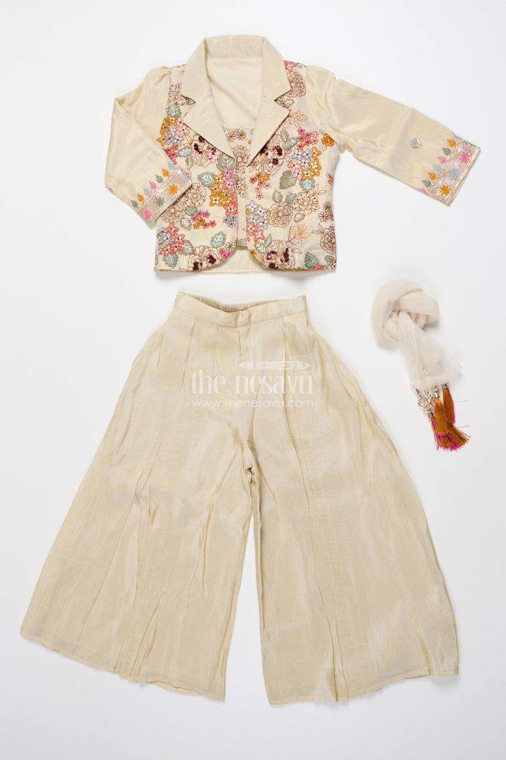 The Nesavu Girls Sharara / Plazo Set Girls Designer Sharara Set with Embroidered Jacket Elegant Layered Ethnic Wear Nesavu Nesavu girls sharara set embroidered jacket festive ethnic wear viscose tissue silk