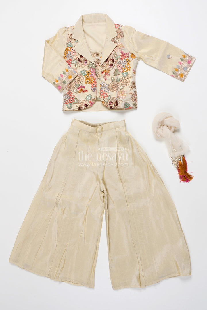 The Nesavu Girls Sharara / Plazo Set Girls Designer Sharara Set with Embroidered Jacket Elegant Layered Ethnic Wear Nesavu Nesavu girls sharara set embroidered jacket festive ethnic wear viscose tissue silk