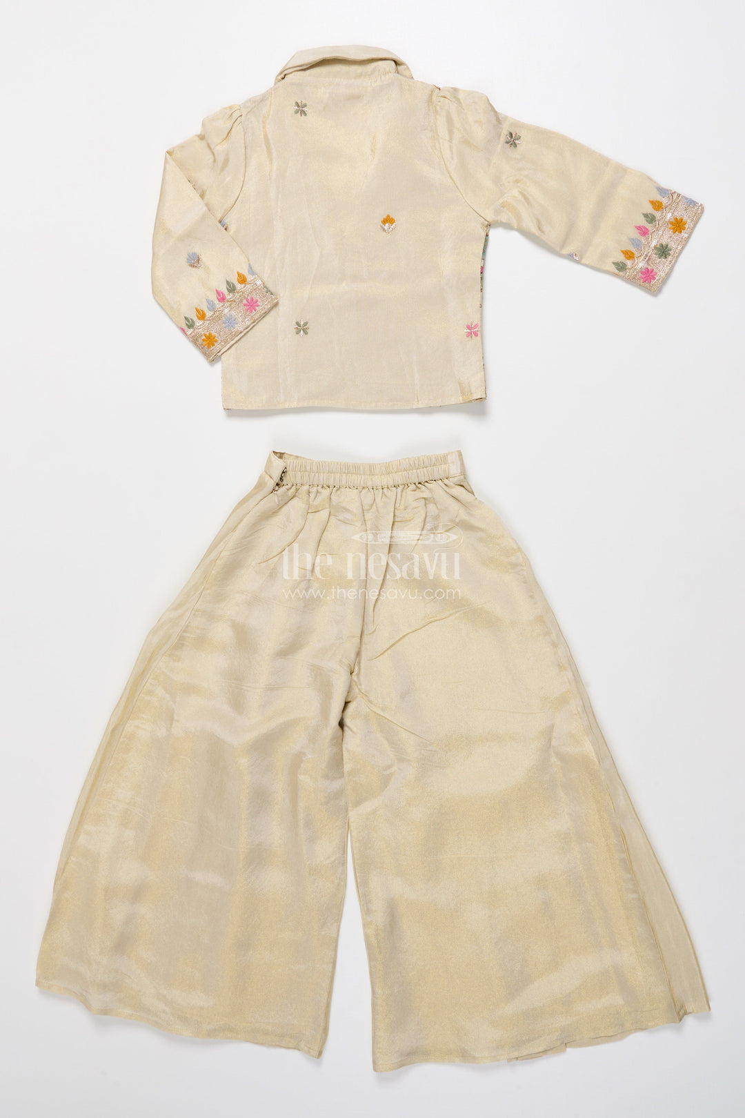 The Nesavu Girls Sharara / Plazo Set Girls Designer Sharara Set with Embroidered Jacket Elegant Layered Ethnic Wear Nesavu Nesavu girls sharara set embroidered jacket festive ethnic wear viscose tissue silk