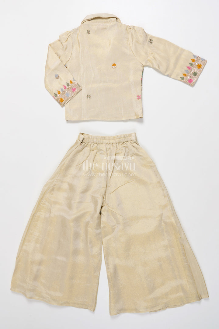 The Nesavu Girls Sharara / Plazo Set Girls Designer Sharara Set with Embroidered Jacket Elegant Layered Ethnic Wear Nesavu Nesavu girls sharara set embroidered jacket festive ethnic wear viscose tissue silk