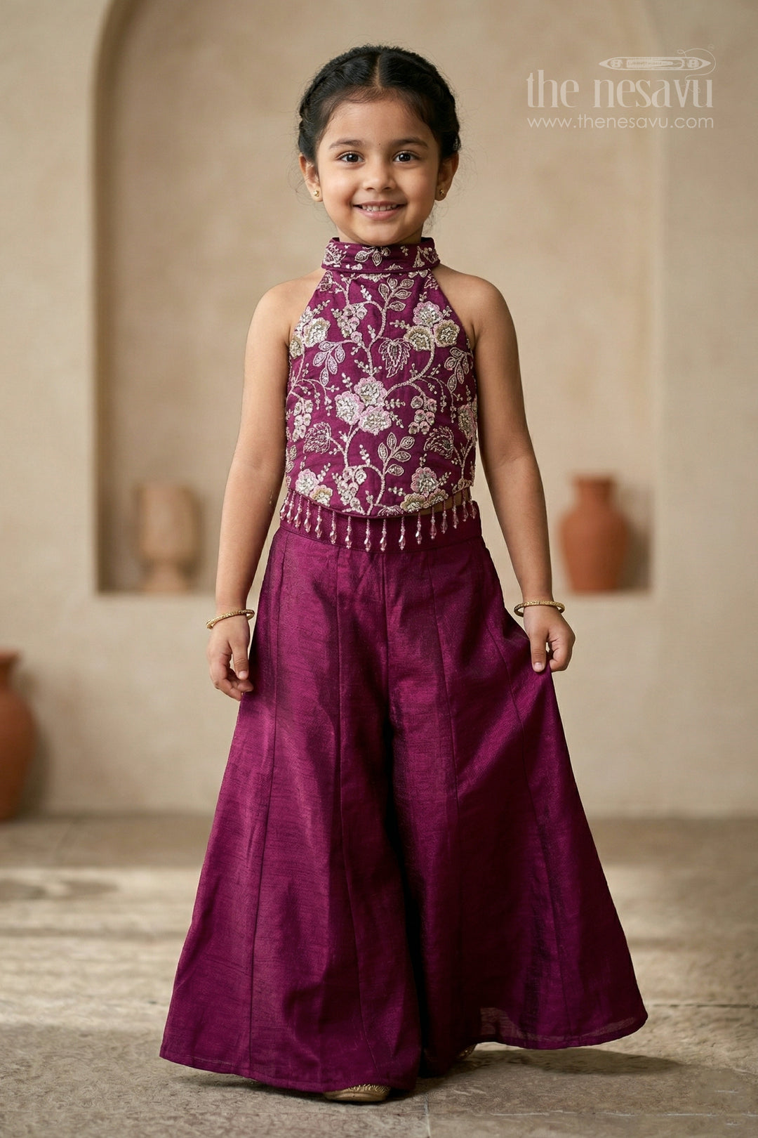 The Nesavu Girls Sharara / Plazo Set Girls Designer Sharara Set with Embroidered Top for Festive Wear Nesavu 18 (2Y) / Purple / Viscose GPS1021B-18 Nesavu girls designer viscose blend silk sharara set with embroidered top for festive wear