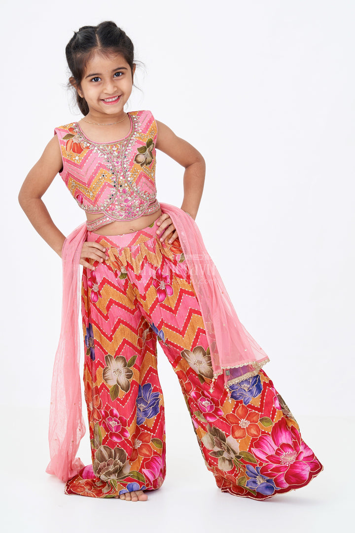 The Nesavu Girls Sharara / Plazo Set Girls Designer Sharara Sets with Floral Embroidery and Chevron Print in Pink Nesavu 24 (5Y) / Pink GPS547A-24 Girls Designer Sharara Sets Floral Embroidery Chevron Print | The Nesavu