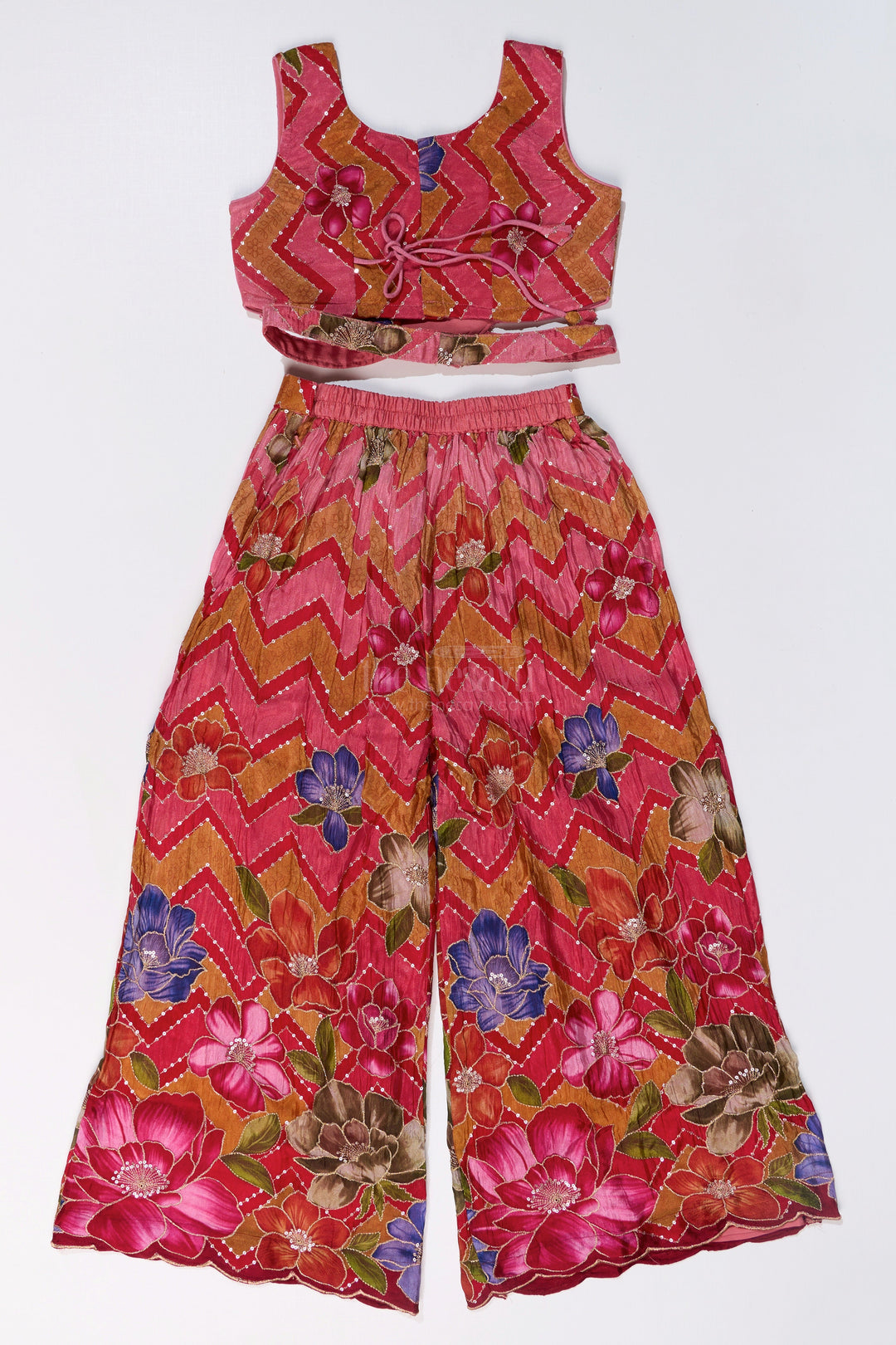 The Nesavu Girls Sharara / Plazo Set Girls Designer Sharara Sets with Floral Embroidery and Chevron Print in Pink Nesavu Girls Designer Sharara Sets Floral Embroidery Chevron Print | The Nesavu