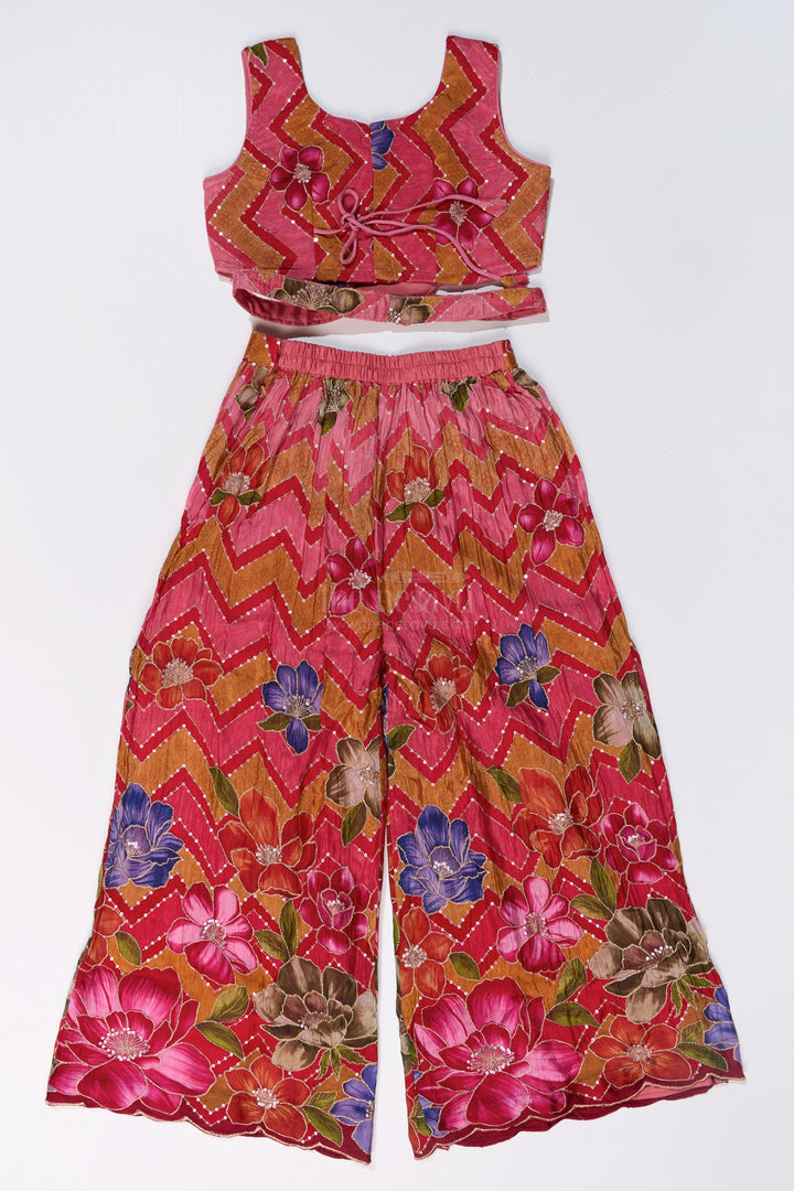 The Nesavu Girls Sharara / Plazo Set Girls Designer Sharara Sets with Floral Embroidery and Chevron Print in Pink Nesavu Girls Designer Sharara Sets Floral Embroidery Chevron Print | The Nesavu