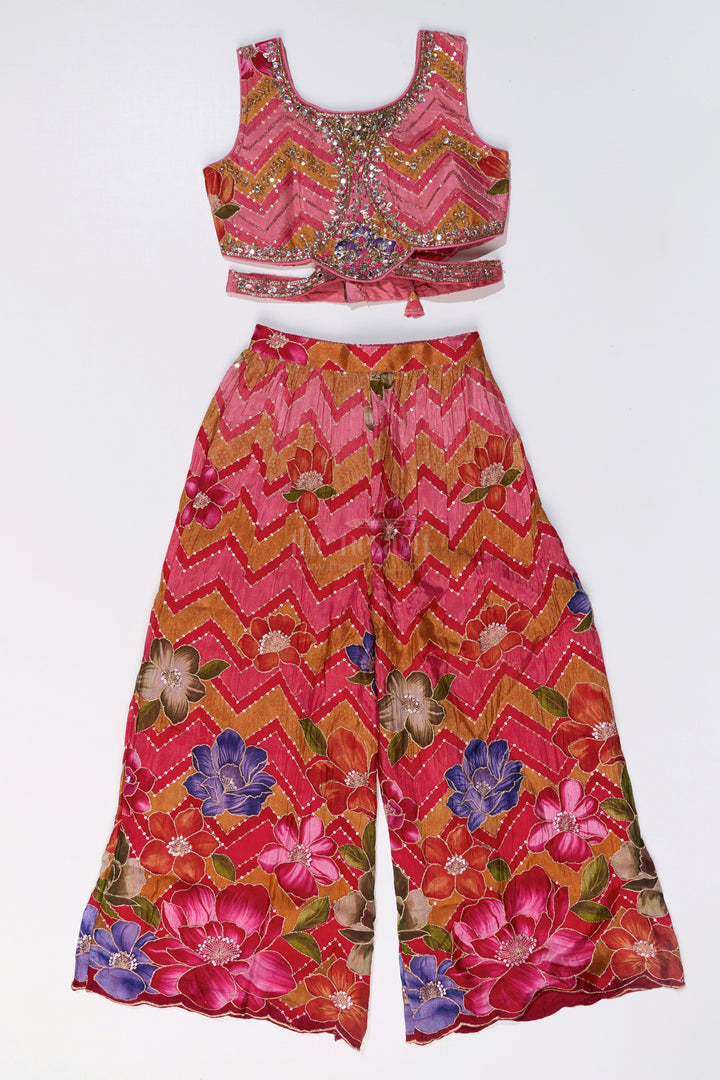The Nesavu Girls Sharara / Plazo Set Girls Designer Sharara Sets with Floral Embroidery and Chevron Print in Pink Nesavu Girls Designer Sharara Sets Floral Embroidery Chevron Print | The Nesavu