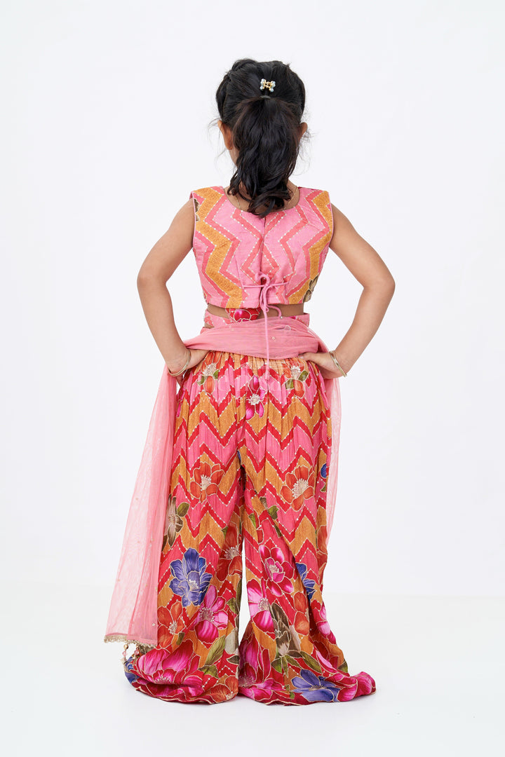 The Nesavu Girls Sharara / Plazo Set Girls Designer Sharara Sets with Floral Embroidery and Chevron Print in Pink Nesavu Girls Designer Sharara Sets Floral Embroidery Chevron Print | The Nesavu