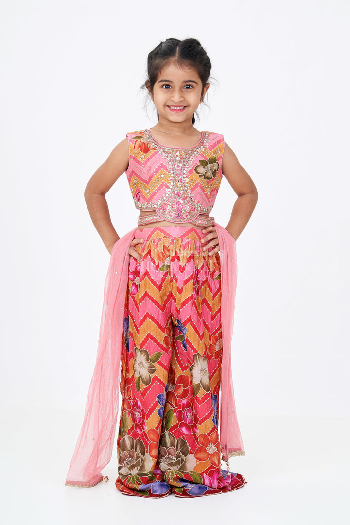 The Nesavu Girls Sharara / Plazo Set Girls Designer Sharara Sets with Floral Embroidery and Chevron Print in Pink Nesavu Girls Designer Sharara Sets Floral Embroidery Chevron Print | The Nesavu