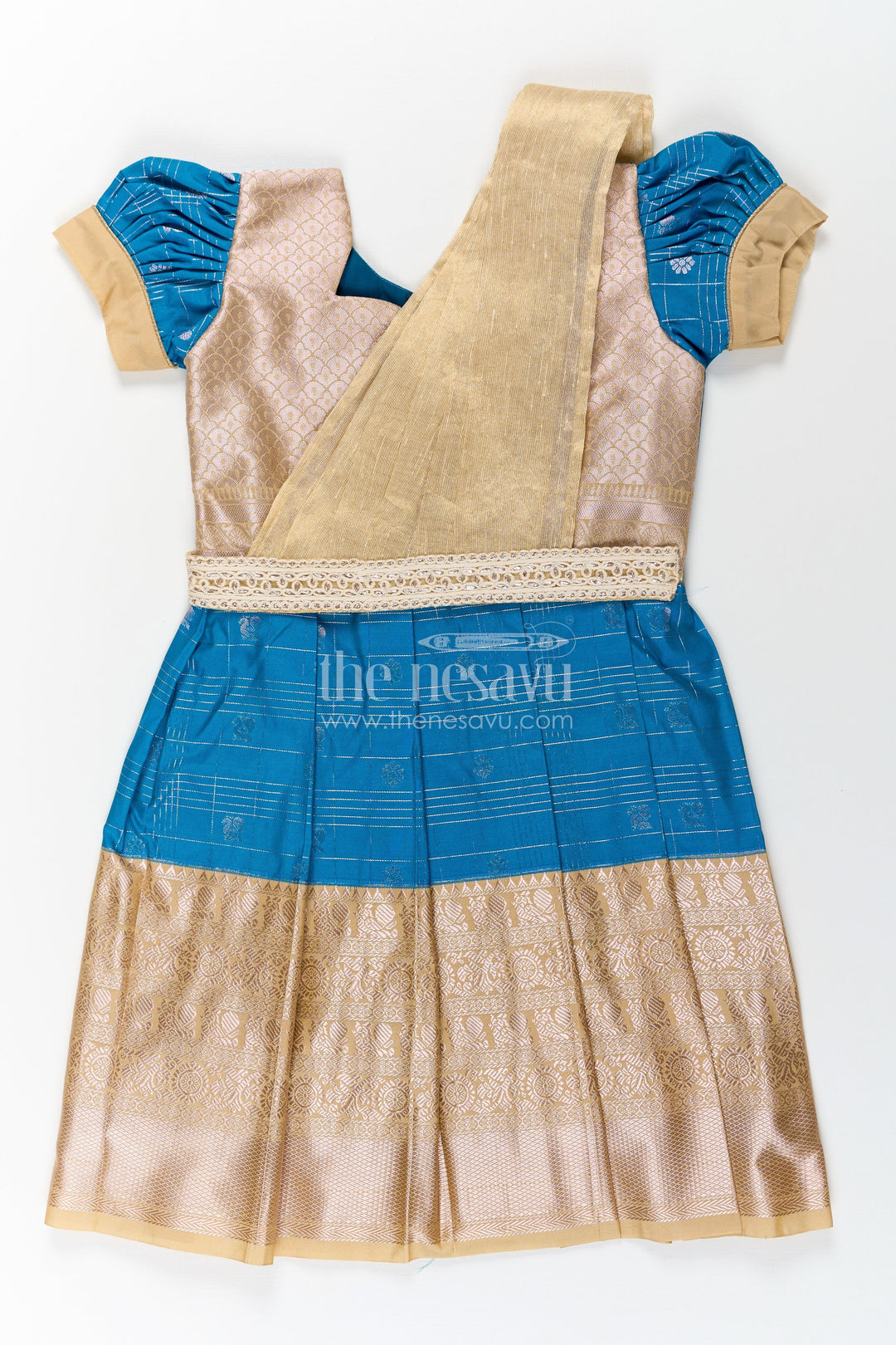 The Nesavu Girls Kanchi Silk Frock Girls Designer Silk Dresses in Semi Kanchivaram with Embroidery Lace and Elegant Dupatta Detail Nesavu 20 (3Y) / Blue / Style 1 SF837BA-20 Traditional Girls Designer Silk Dresses in Semi Kanchivaram with Embroidered Lace Dupatta | The Nesavu