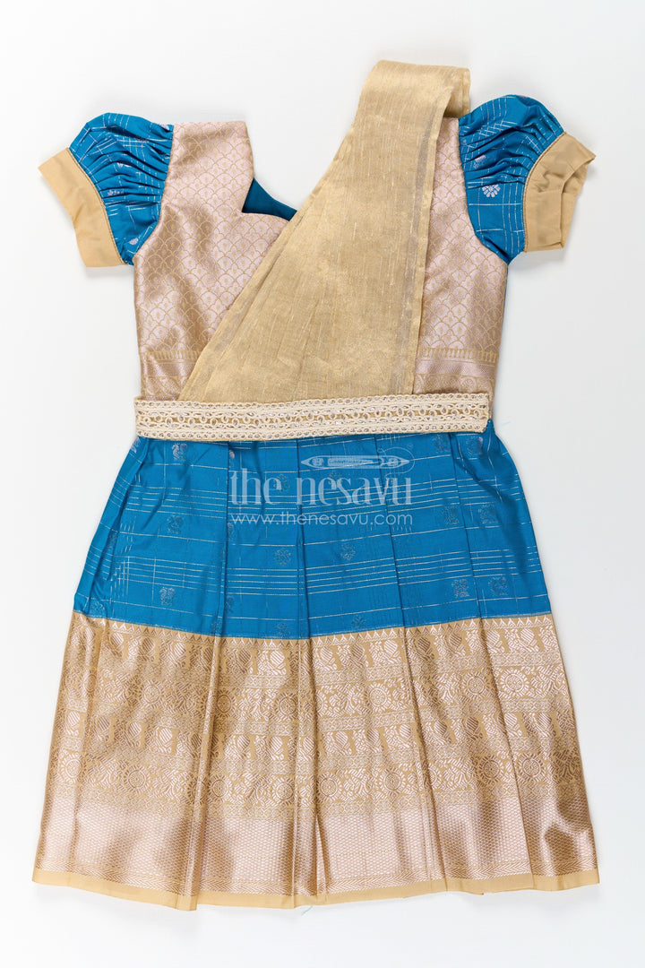 The Nesavu Girls Kanchi Silk Frock Girls Designer Silk Dresses in Semi Kanchivaram with Embroidery Lace and Elegant Dupatta Detail Nesavu 20 (3Y) / Blue / Style 1 SF837BA-20 Traditional Girls Designer Silk Dresses in Semi Kanchivaram with Embroidered Lace Dupatta | The Nesavu