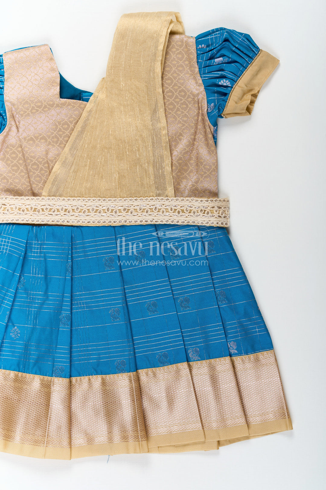 The Nesavu Girls Kanchi Silk Frock Girls Designer Silk Dresses in Semi Kanchivaram with Embroidery Lace and Elegant Dupatta Detail Nesavu Traditional Girls Designer Silk Dresses in Semi Kanchivaram with Embroidered Lace Dupatta | The Nesavu