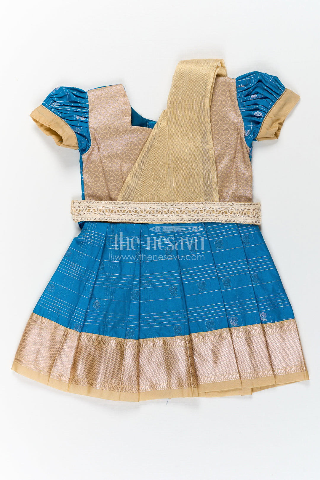 The Nesavu Girls Kanchi Silk Frock Girls Designer Silk Dresses in Semi Kanchivaram with Embroidery Lace and Elegant Dupatta Detail Nesavu Traditional Girls Designer Silk Dresses in Semi Kanchivaram with Embroidered Lace Dupatta | The Nesavu